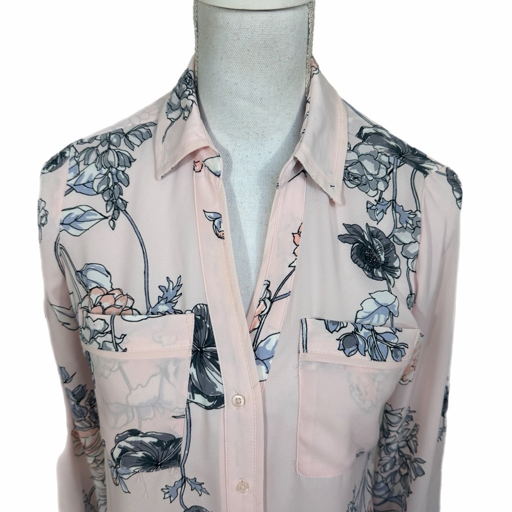 Candies Light Pink Floral Long Sleeve Blouse Size XS. Roll Tab Sleeve - Picture 3 of 8